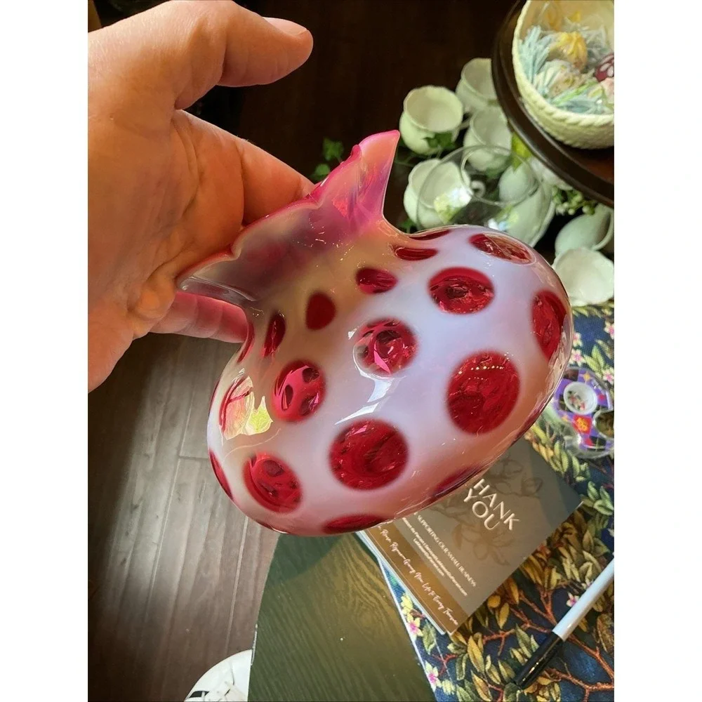 Vintage FENTON MCM Cranberry Opalescent Coin‎ Dot Art Glass Vase 6.5